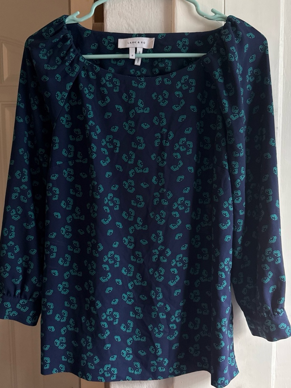Lark & Ro Navy Blouse with Teal Floral Print